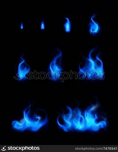 Blue gas flames realistic set of different forms and sizes on black background isolated vector illustration