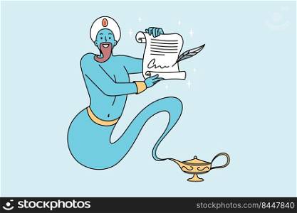 Blue genie from golden bottle holding paper granting wishes. Jinn with magic powers showing poster with desires. Cartoon character fairy tale. Vector illustration.. Blue genie granting wishes