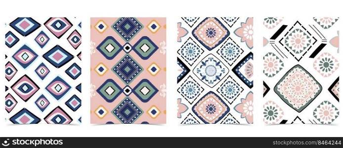 Blue geometric seamless pattern in boho style with square,tribal and circle