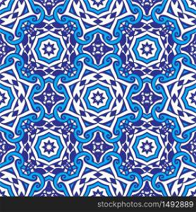 Blue geometric seamless pattern tiled design in oriental Islamic style mosaic. Abstract vector tribal ethnic background seamless pattern