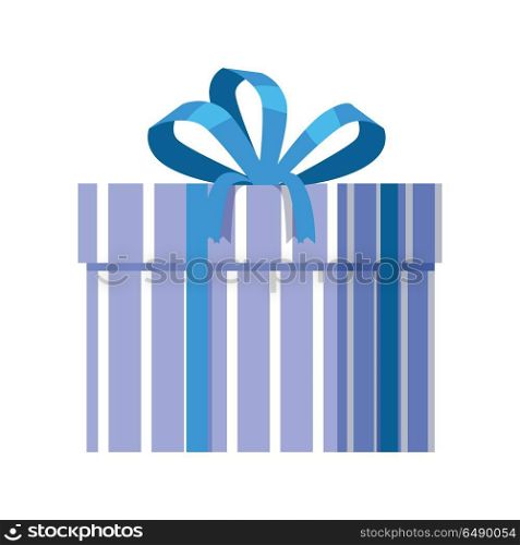 Blue Gift Box with Blue Ribbon. Single blue gift box with blue ribbon in flat design. Beautiful present box with overwhelming bow. Gift box icon. Gift symbol. Christmas gift box. Isolated vector illustration