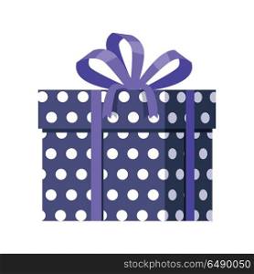 Blue Gift Box with White Dots. Ribbon and Bow. Blue gift box with white dots isolated. Present box with fashionable ribbon and bow. Decorative stylish wrap for presents package. Modern packing product. Gift container web icon sign symbol. Vector