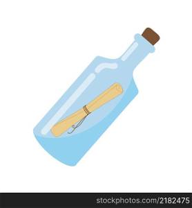Blue glass bottle with a note isolated on a white background. Children&rsquo;s cartoon illustration on the theme of pirates, treasures and adventures. Drawing for children&rsquo;s books, coloring books, cards with games.