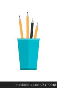 Blue Glass with Pencils. Blue glass with pencils. Stack of colored pencils in a glass. Plastic pencil holder, pen holder. Isolated object on white background. Vector illustration in flat style.