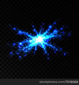 Blue glittering light particles. Sparkling star explosion. Fireworks and sparkler burst on transparent background. Blue glitter light particles burst
