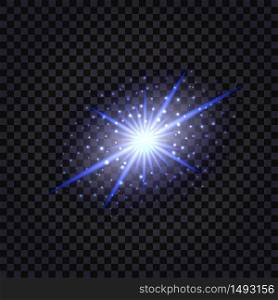 Blue glowing magic star with light flash effect and shiny sparkles. Isolated on transparent background. Vector illustration