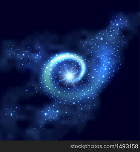 Blue glowing magic swirl with light effect and stardust glitter . Abstract night galaxy background with sparkle shiny spiral nebula. Vector illustration