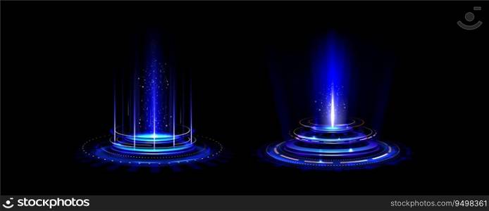 Blue glowing neon game portal - realistic vector illustration of futuristic teleport podium for game ui concept. Magic or cyberpunk hologram port with flare and light circle effect for travel in space. Blue glowing neon game portal - realistic vector