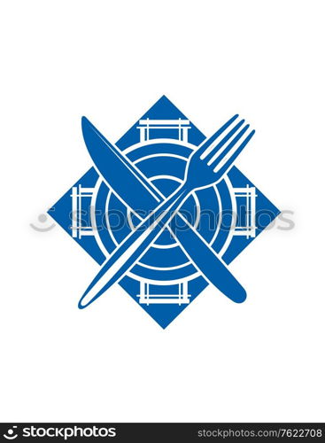 Blue graphic symbol of food services or catering with a fork and a knife crossed on a dish, isolated on white background