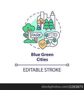 Blue green cities concept icon. Park and recreation area. Urban design principle abstract idea thin line illustration. Isolated outline drawing. Editable stroke. Arial, Myriad Pro-Bold fonts used. Blue green cities concept icon