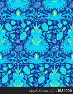Blue green frogs with crowns on a pond with lilies and leaves. Seamless pattern. Paper cut flat style. Fabric decoration Print for clothes Textile design Hand-drawn cute character. Vector illustration. Blue green frogs with crowns on a pond with lilies and leaves. Seamless pattern. Paper cut flat style. Fabric decoration. Print for clothes. Textile design. Hand-drawn cute character. Vector