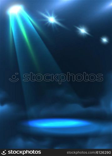 Blue Green Light Beam Background Banner . Blue green dim light beam and light spots in the darkness with clouds effect background abstract vector illustration