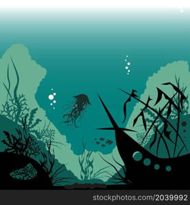 Blue green sea bottom vector illustration.