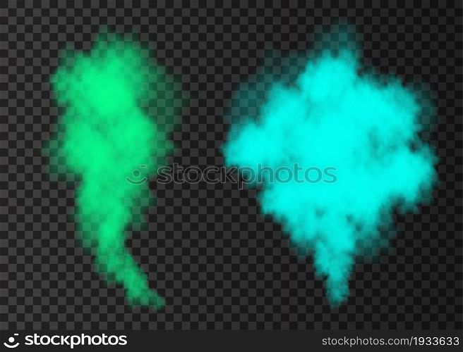 Blue, green smoke burst isolated on transparent background. Color steam explosion special effect. Realistic vector column of fire fog or mist texture .