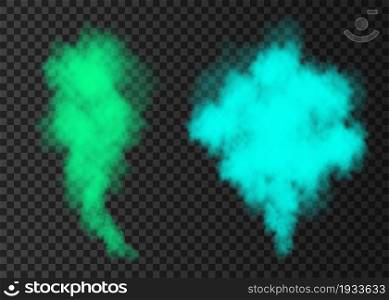 Blue, green smoke burst isolated on transparent background. Color steam explosion special effect. Realistic vector column of fire fog or mist texture .