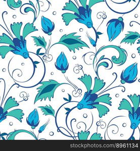 Blue green swirly flowers seamless pattern vector image