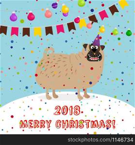 Blue greeting card 2018 merry christmas with big puppy and ribbons, vector illustration. Big puppy 2018 merry christmas card