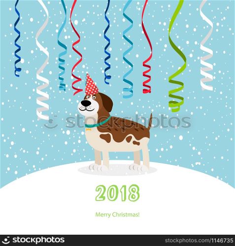 Blue greeting card 2018 merry christmas with china zodiac big brown puppy and ribbons, vector ilustration. Dog and ribbons 2018 christmas card