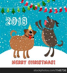 Blue greeting card 2018 merry christmas with happy dogs, vector illustration. Happy dogs 2018 merry christmas card