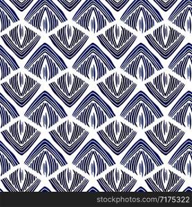 Blue hand drawn seamless pattern with curved triangles ornament. Ikat seamless pattern for textile, packaging, wallpaper design. Abstract ornament background. Fabric fashion print. Blue hand drawn seamless pattern with curved triangles ornament. Ikat seamless pattern for textile, packaging, wallpaper design. Abstract ornament background. Fabric fashion print.
