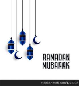 Blue Hangning Lantern with Creative Ramadan Kareem Typography Background