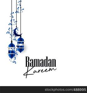 Blue Hangning Lantern with Creative Ramadan Kareem Typography Background