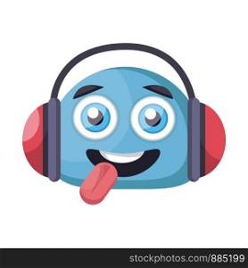 Blue happy emoji face with headphones vector illustration on a white background