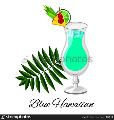 Blue Hawaiian cocktail vector cartoon style. Summer long drink isolated on white for restaurant, bar menu or beach party banner and flyer