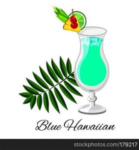 Blue Hawaiian cocktail vector cartoon style. Summer long drink isolated on white for restaurant, bar menu or beach party banner and flyer