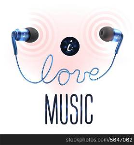 Blue headphones earplugs with love music letters poster vector illustration