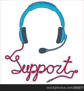 Blue headphones with microphone and with red cable as a inscription, online support service concept, vector illustration isolated on the white background
