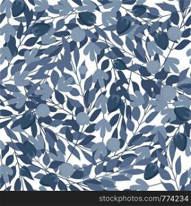 Blue herbal leaves seamless pattern. Vector illustration on white background