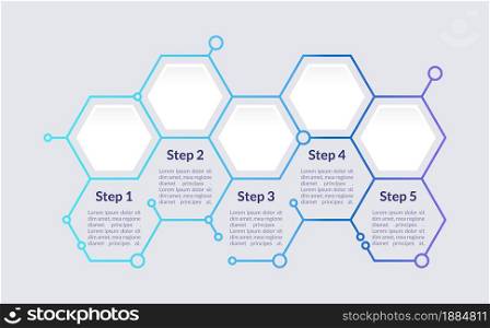 Blue hexagon infographic chart design template. Info for medicine. Abstract vector infochart with blank copy spaces. Instructional graphics with 5 step sequence. Visual data presentation. Blue hexagon infographic chart design template