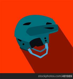 Blue hockey helmet flat icon on an orange background. Blue hockey helmet flat icon