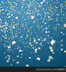 Blue holiday background with flying golden and white confetti, some are out of focus
