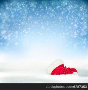 Blue Holiday Christmas background with santa hat, snow and snowflakes . Vector.