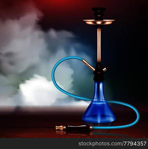 Blue hookah and smoke with relaxation symbols blurred realistic vector illustration. Hookah Realistic Illustration