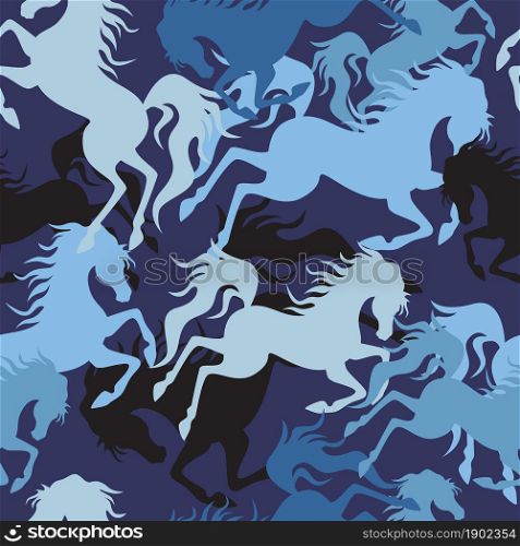 Blue horse silhouette seamless pattern. Vector illustration.