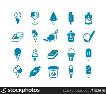 Blue ice cream icons. Simple flat set of frozen balls of yoghurt parfait sorbet. Vector illustration cold summer desserts in cones cups and buckets. Blue ice cream icons. Simple flat set of frozen balls of yoghurt parfait sorbet. Vector cold summer desserts in cones cups and buckets