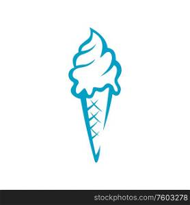 Blue ice cream in waffle cone isolated icon. Vector whipped sundae dessert, frozen gelato. Ice cream dessert in waffle cone isolated