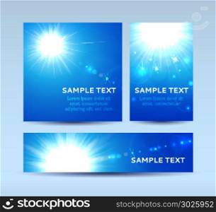 Blue invitation cards with lens flare. Vector illustration of invitation cards in blue colors with sun and lens flare