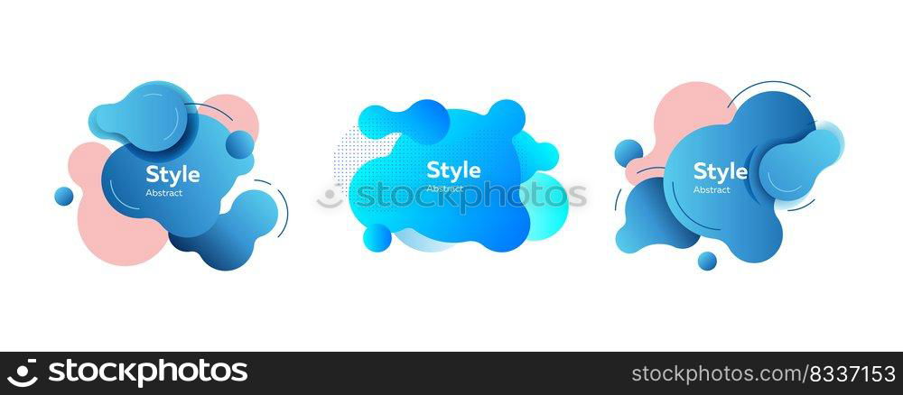 Blue irregular abstract element set. Modern dynamic colorful shapes and lines with s&le text. Trendy minimal templates for presentations, flyers, apps and websites. Vector illustration