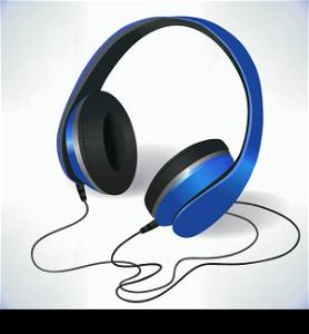 Blue isolated headphones for stereo music emblem poster on white background vector illustration