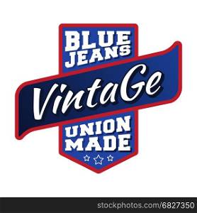 Blue jeans vintage stamp. T-shirt print design. Blue jeans vintage stamp. Printing and badge applique label t-shirts, jeans, casual wear. Vector illustration.