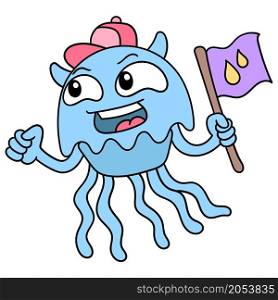 blue jellyfish carrying a flag