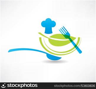 blue kitchen set cook and a green leaf icon