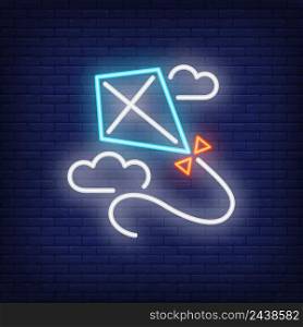 Blue kite flying in clouds neon sign. Kite with bow and string. Night bright advertisement. Vector illustration in neon style for toy and game