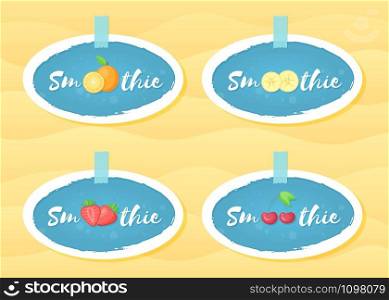 Blue label set smoothie fruit shake vector illustration. Hand drawn sign Smoothie on blue background in white frame on smoothies drink cocktail label for offer drawing sign or store promotion art. Blue label set smoothie fruit shake vector design
