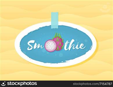 Blue label smoothie pitaya shake vector illustration. Fresh vegetarian smoothies drink label with raw pitaya fruit and hand drawn tag Smoothie with white frame for promotion discount concept. Blue label smoothie pitaya shake vector graphic