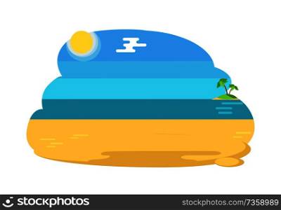 Blue lagoon tropical beach with distant island that has palm trees, hot yellow sand under endless sky vector summertime background isolated on white.. Blue Lagoon Tropical Beach Distant Island and Palm